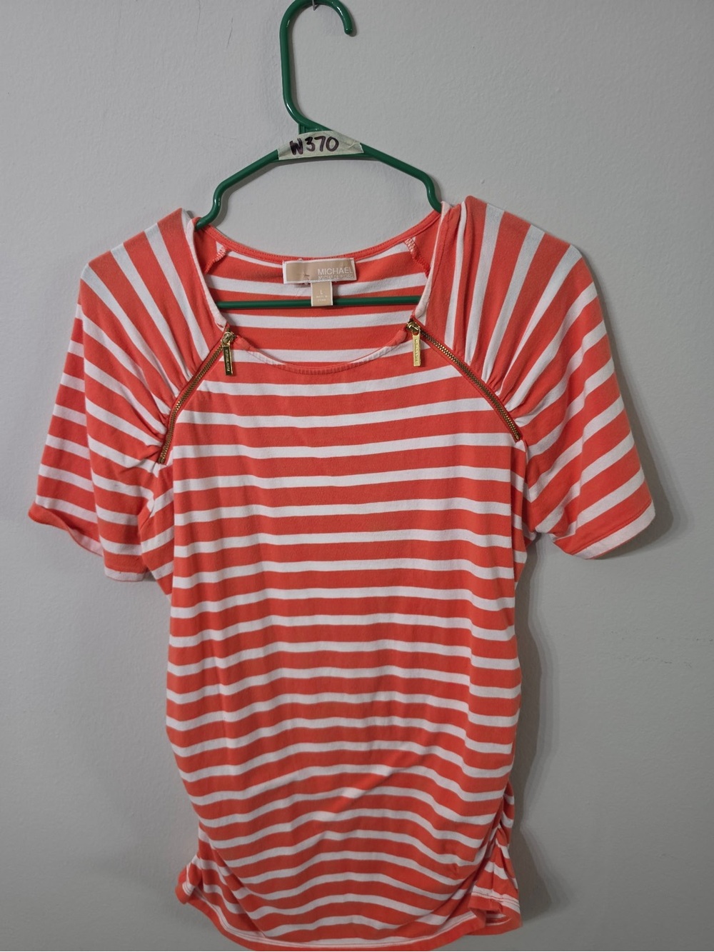 Michael Kors Women’s Large Coral White Striped Top Gold Zipper Detail